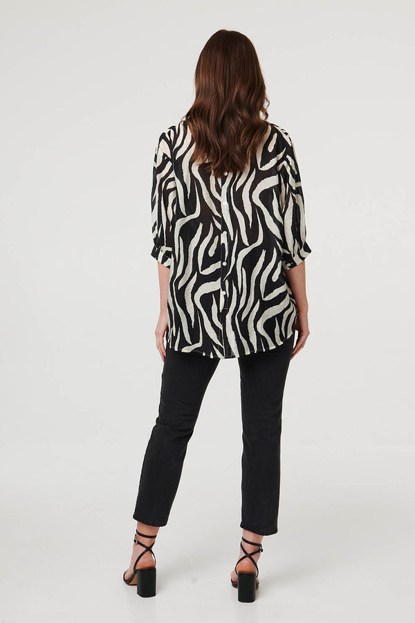 Black | Zebra Print 3/4 Sleeve Collarless Shirt