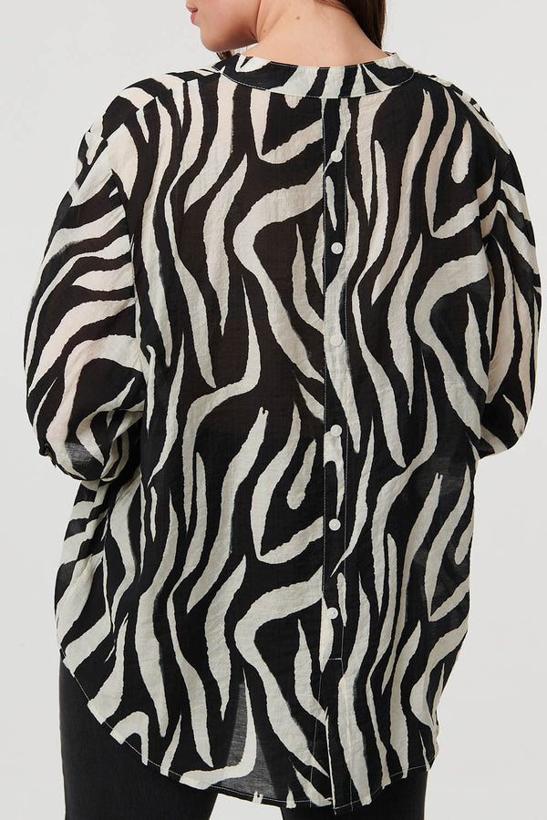 Black | Zebra Print 3/4 Sleeve Collarless Shirt