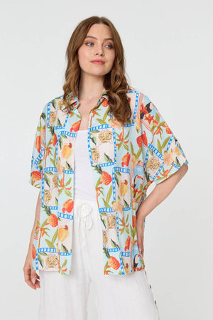 Blue | Patchwork Relaxed 1/2 Sleeve Shirt
