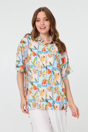 Blue | Patchwork Relaxed 1/2 Sleeve Shirt
