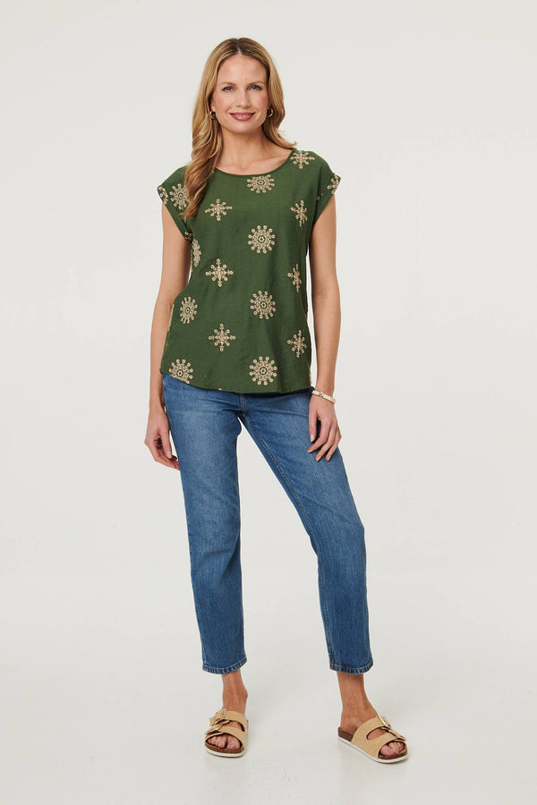 Khaki | Printed Cap Sleeve Slim Relaxed Top