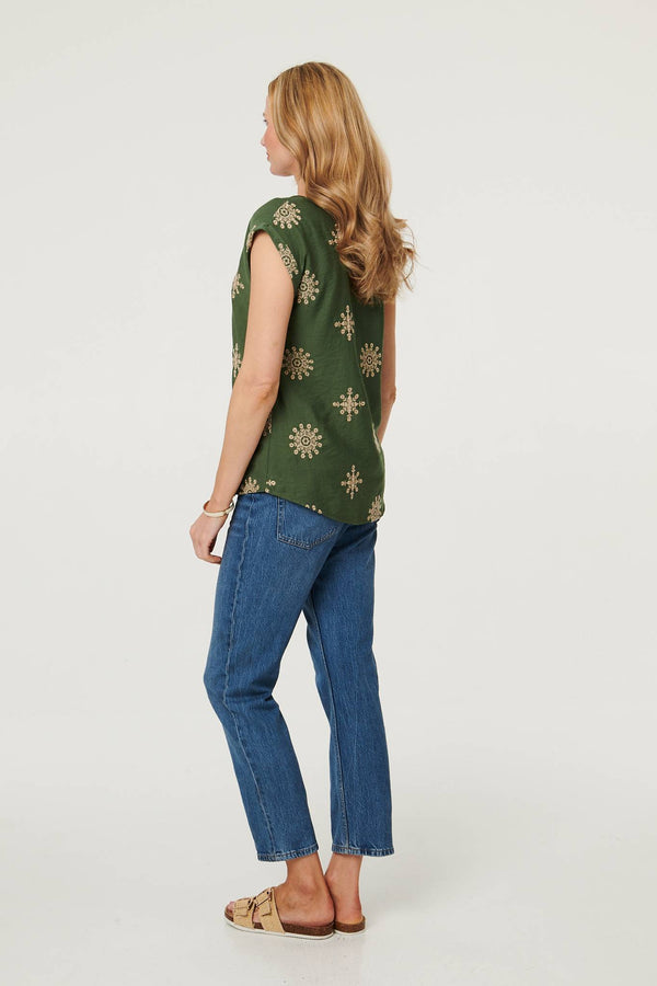 Khaki | Printed Cap Sleeve Slim Relaxed Top