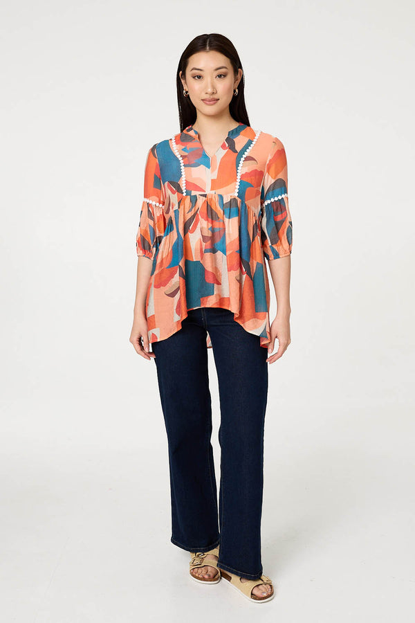 Orange | Abstract Lace Trim Relaxed Blouse