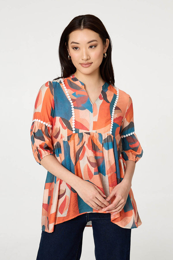 Orange | Abstract Lace Trim Relaxed Blouse
