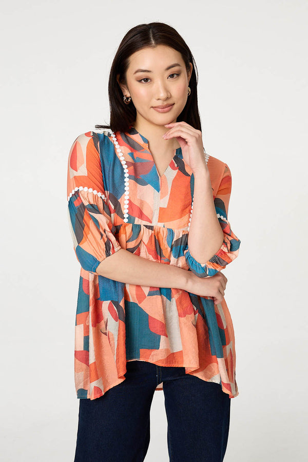 Orange | Abstract Lace Trim Relaxed Blouse