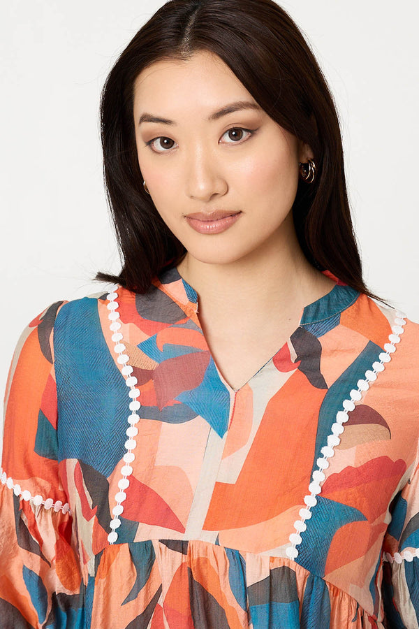 Orange | Abstract Lace Trim Relaxed Blouse