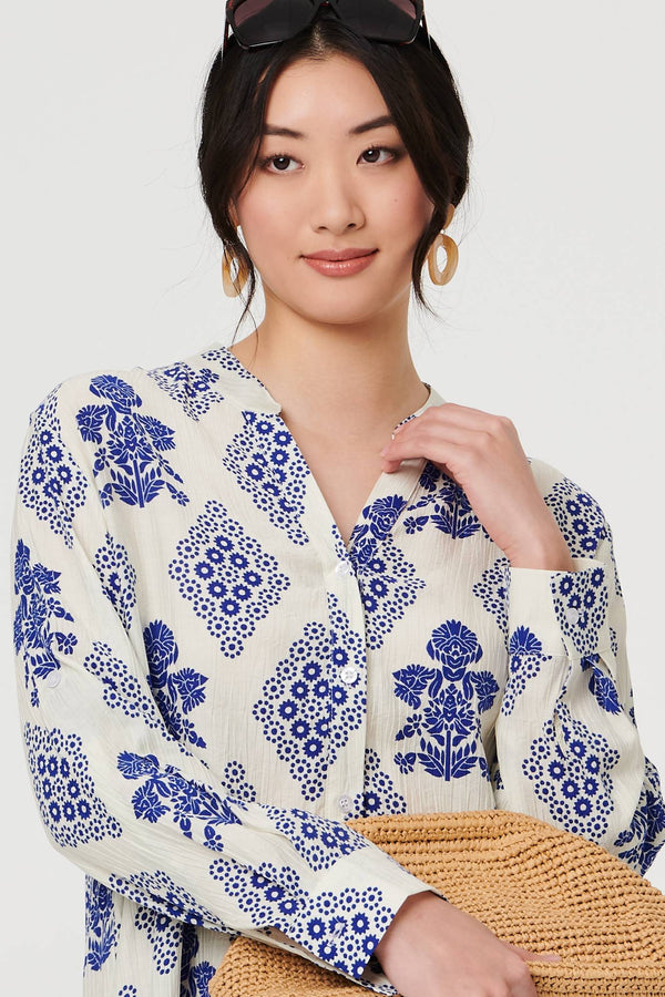Blue | Printed Knee Length Relaxed Shirt