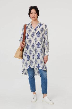 Blue | Printed Knee Length Relaxed Shirt