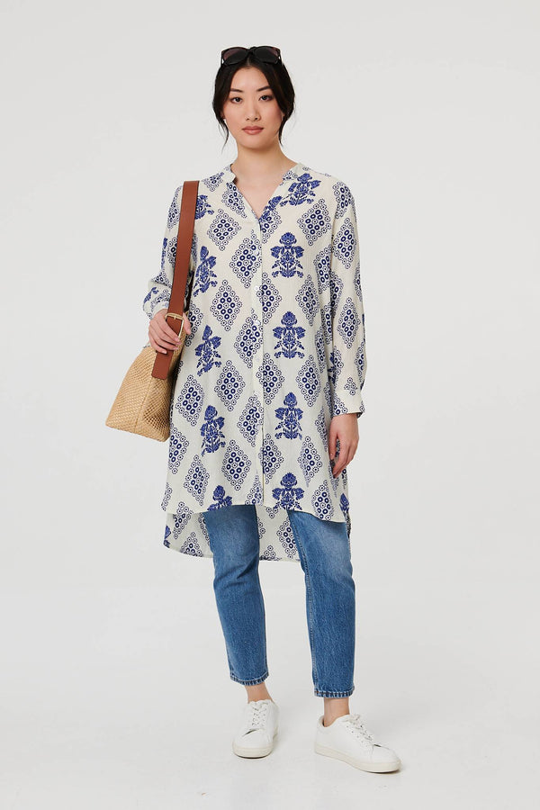 Blue | Printed Knee Length Relaxed Shirt
