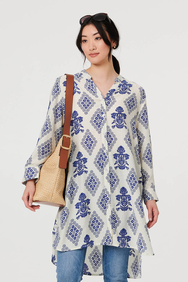 Blue | Printed Knee Length Relaxed Shirt