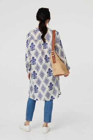 Blue | Printed Knee Length Relaxed Shirt