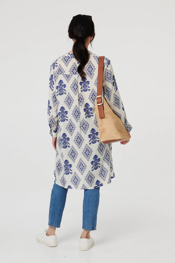Blue | Printed Knee Length Relaxed Shirt