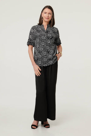 Black | Floral Embroidered Texture 3/4 Blouse