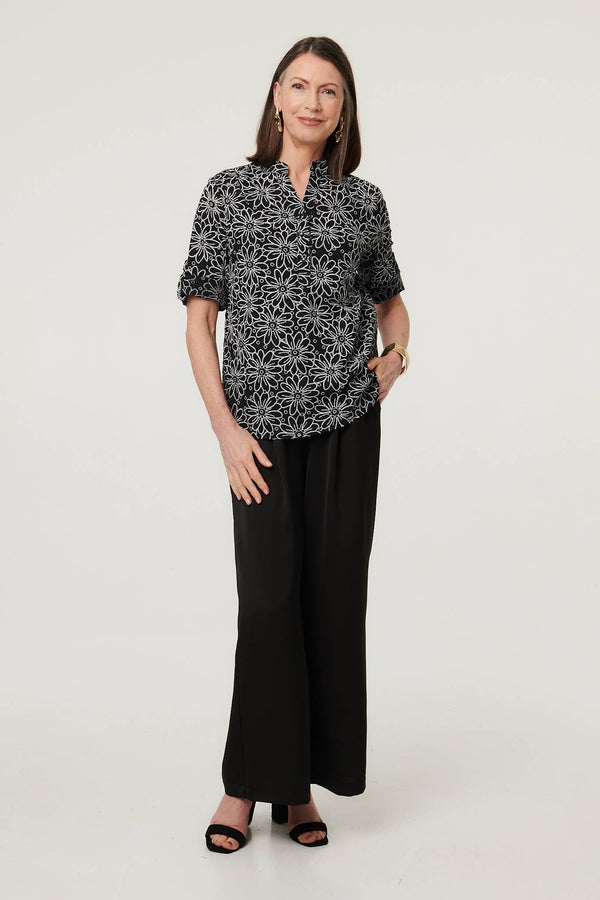 Black | Floral Embroidered Texture 3/4 Blouse