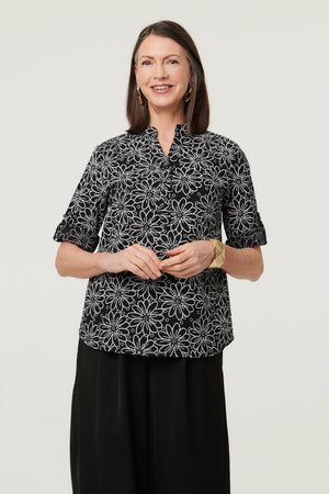 Black | Floral Embroidered Texture 3/4 Blouse