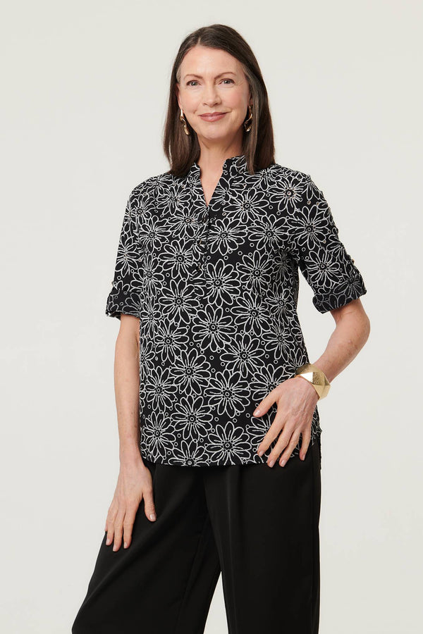 Black | Floral Embroidered Texture 3/4 Blouse