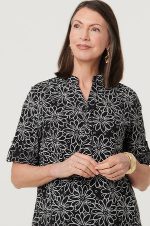 Black | Floral Embroidered Texture 3/4 Blouse