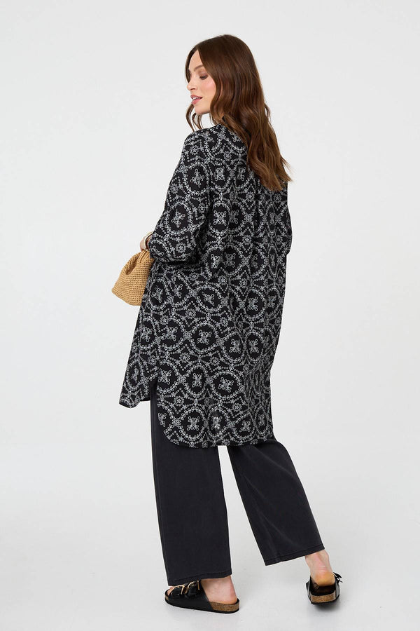 Black | Printed Relaxed Knee Length Shirt Dress
