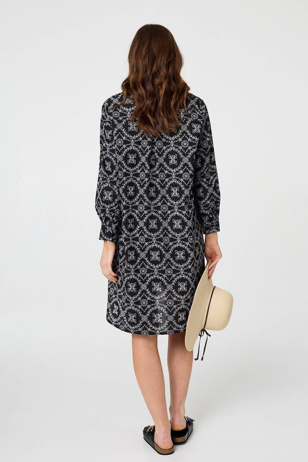 Black | Printed Relaxed Knee Length Shirt Dress
