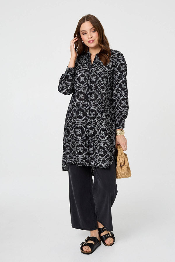 Black | Printed Relaxed Knee Length Shirt Dress
