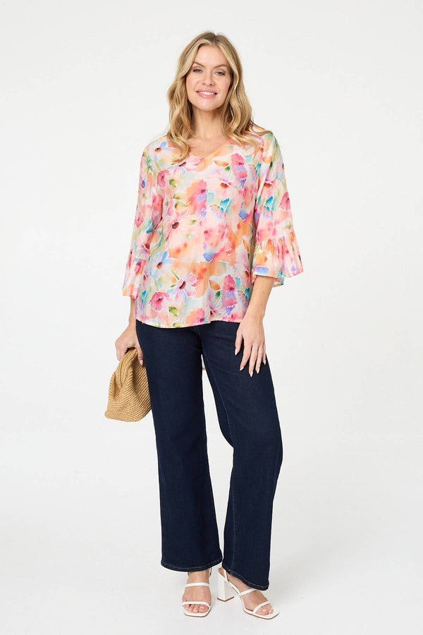Pink | Floral 3/4 Flare Sleeve Relaxed Blouse