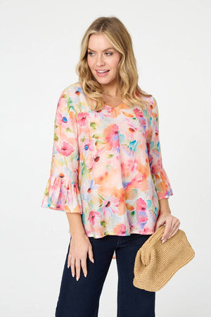 Pink | Floral 3/4 Flare Sleeve Relaxed Blouse