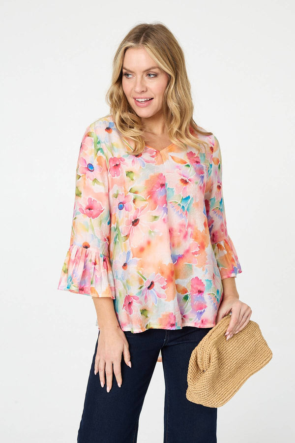 Pink | Floral 3/4 Flare Sleeve Relaxed Blouse