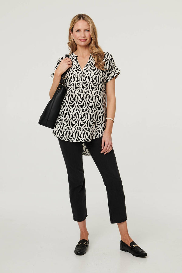 Black | Printed Short Sleeve Curve Hem Blouse