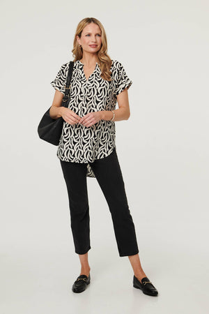 Black | Printed Short Sleeve Curve Hem Blouse