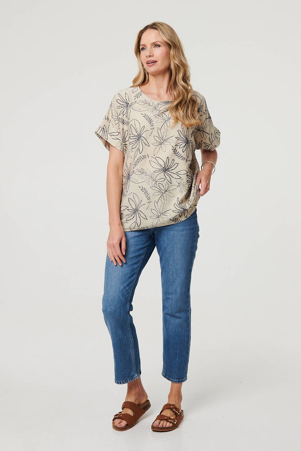 Beige | Floral Relaxed Short Sleeve Top