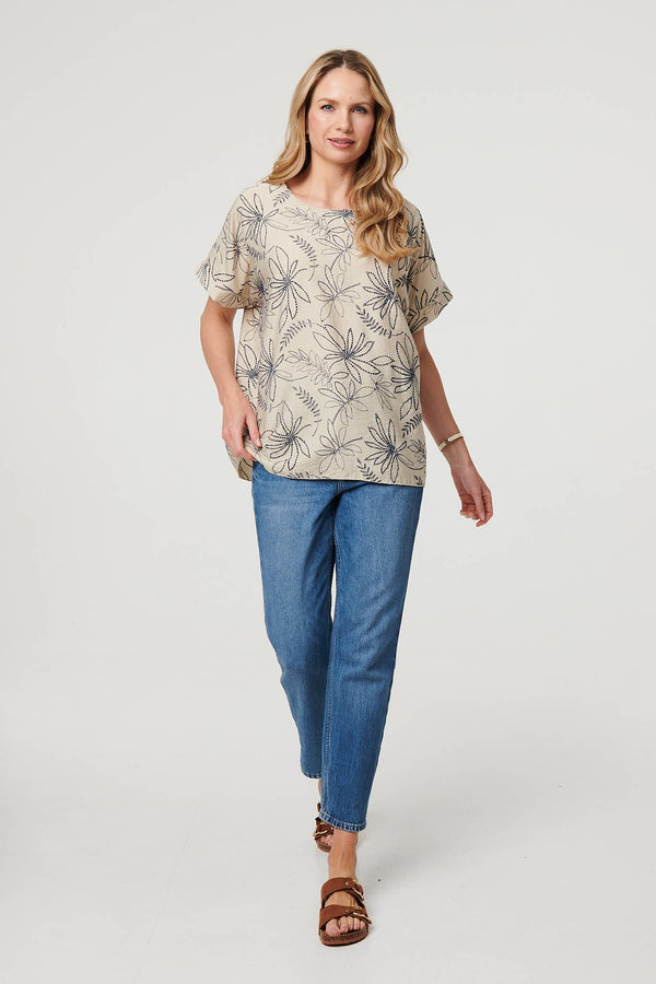 Beige | Floral Relaxed Short Sleeve Top