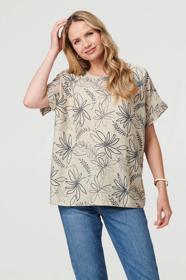 Beige | Floral Relaxed Short Sleeve Top