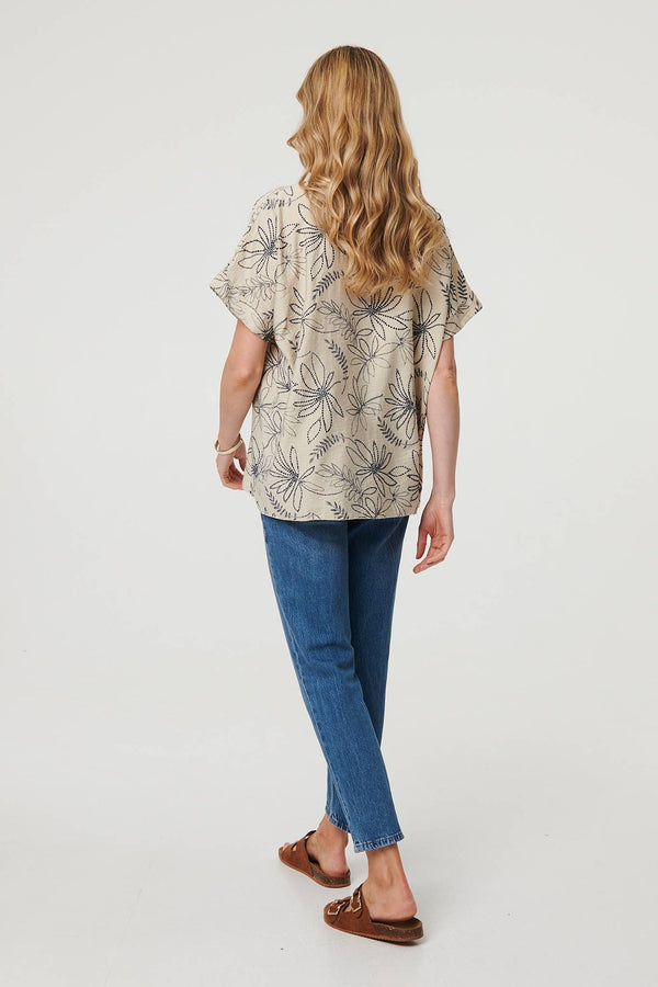 Beige | Floral Relaxed Short Sleeve Top