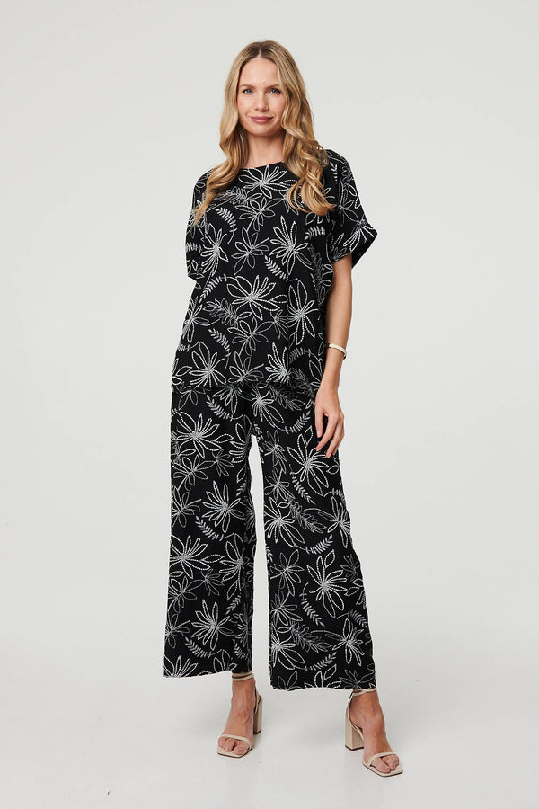 Black | Floral High Waist Wide Leg Trousers
