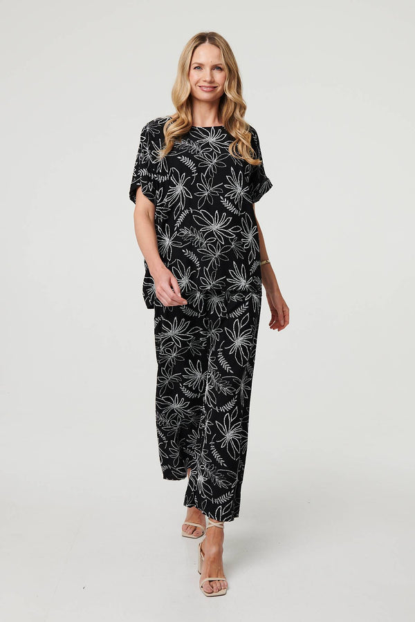 Black | Floral High Waist Wide Leg Trousers
