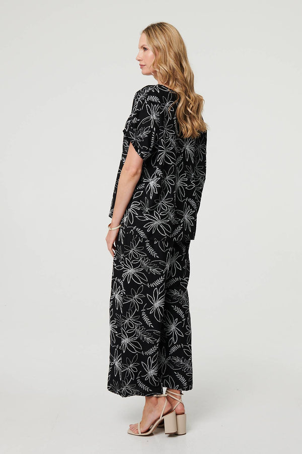 Black | Floral High Waist Wide Leg Trousers
