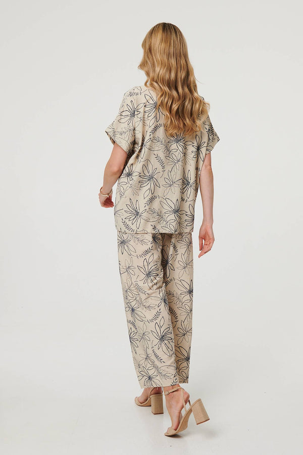 Navy | Floral High Waist Wide Leg Trousers
