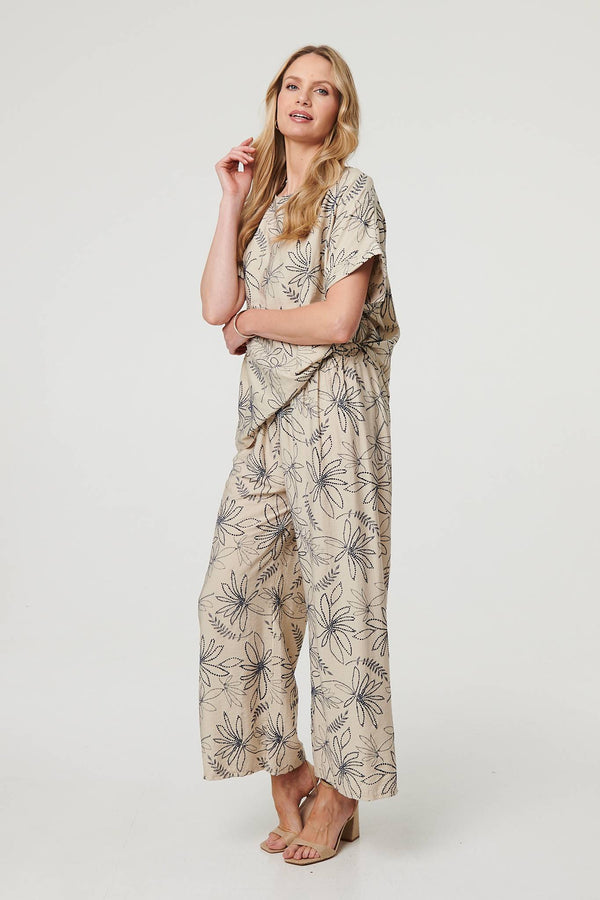 Navy | Floral High Waist Wide Leg Trousers
