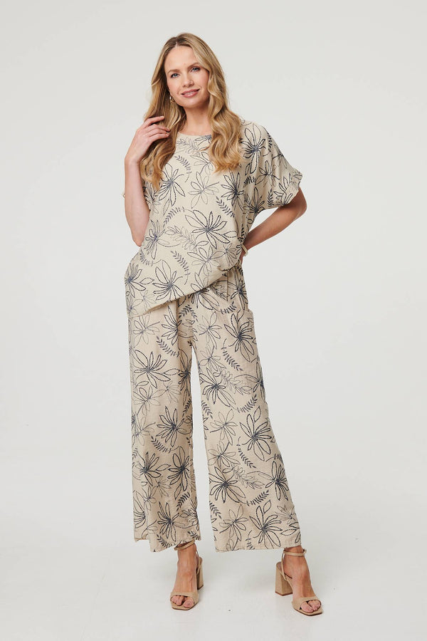 Navy | Floral High Waist Wide Leg Trousers
