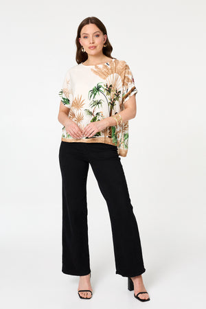 Multi Beige | Tropical Relaxed Split Hem Top