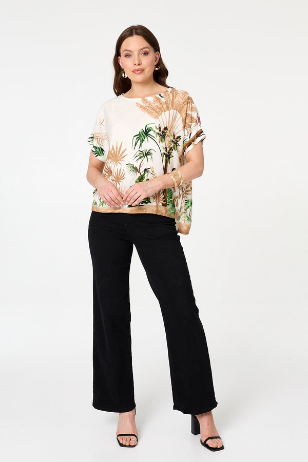 Green | Tropical Relaxed Split Hem Top
