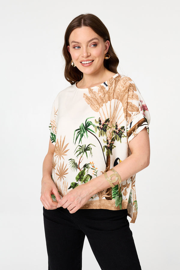 Green | Tropical Relaxed Split Hem Top