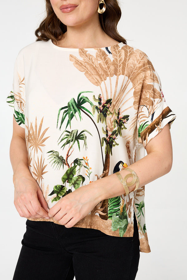 Green | Tropical Relaxed Split Hem Top