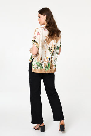 Multi Beige | Tropical Relaxed Split Hem Top