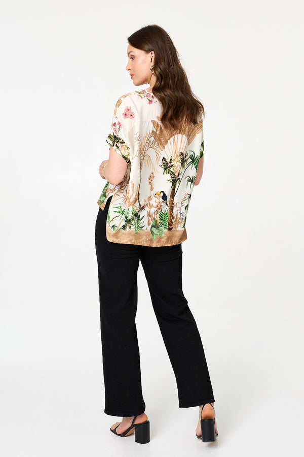 Green | Tropical Relaxed Split Hem Top