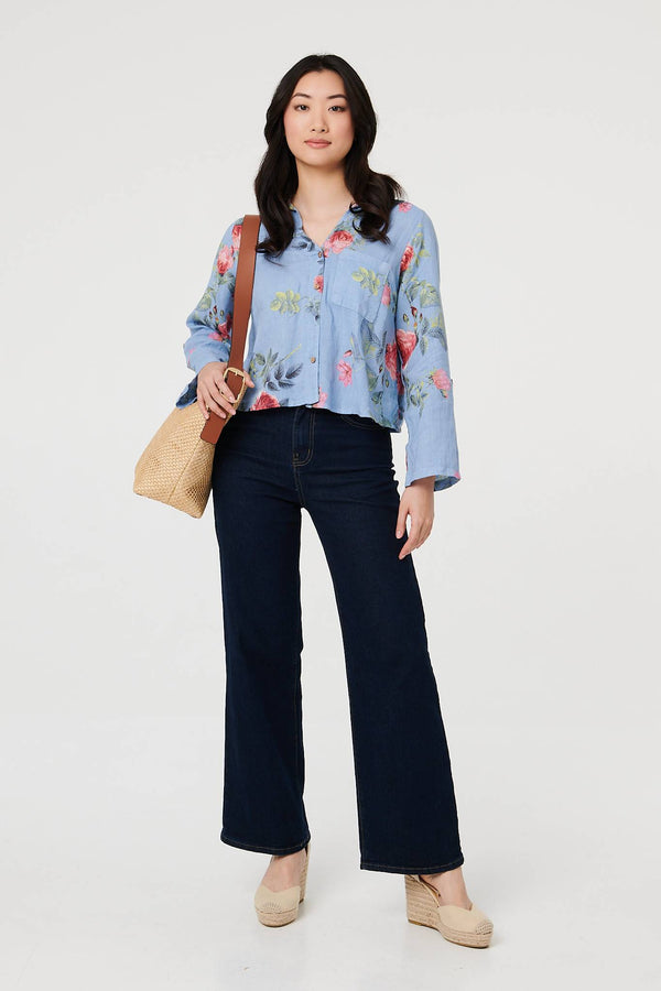 Blue | Floral 3/4 Turn-Up Sleeve Cropped Shirt