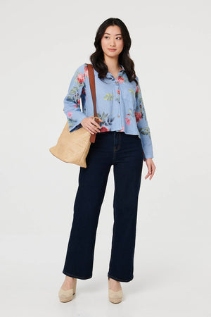 Blue | Floral 3/4 Turn-Up Sleeve Cropped Shirt