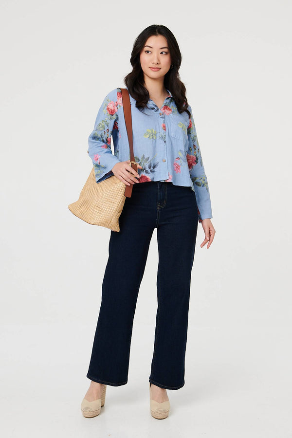 Blue | Floral 3/4 Turn-Up Sleeve Cropped Shirt