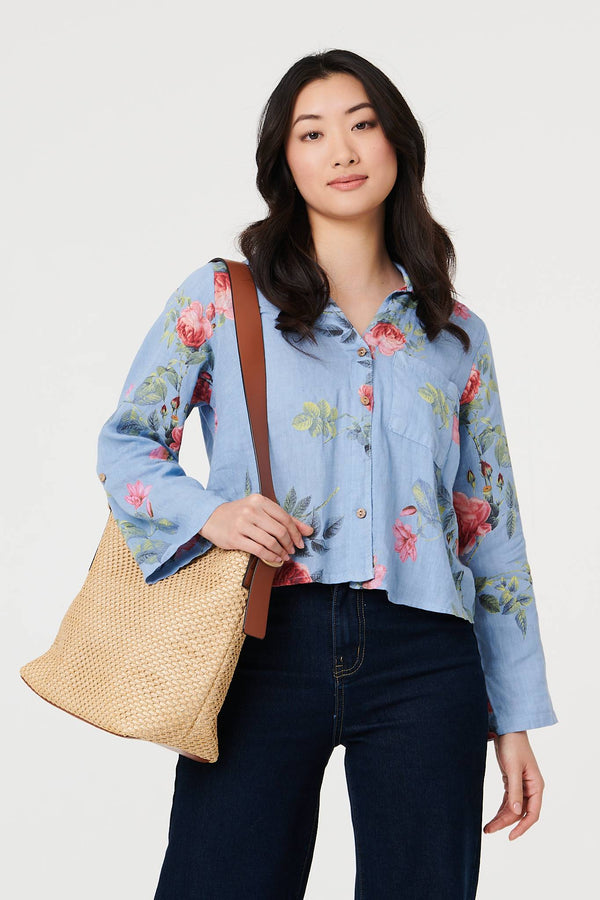 Blue | Floral 3/4 Turn-Up Sleeve Cropped Shirt : Model is 5'9"/175 cm and wears UK8/EU36/US4/AUS8