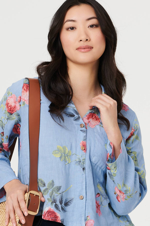 Blue | Floral 3/4 Turn-Up Sleeve Cropped Shirt